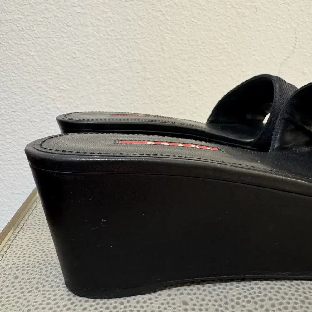 PRADA Logo Black Platform Slide Sandals Size 38.5 Y2K Vintage